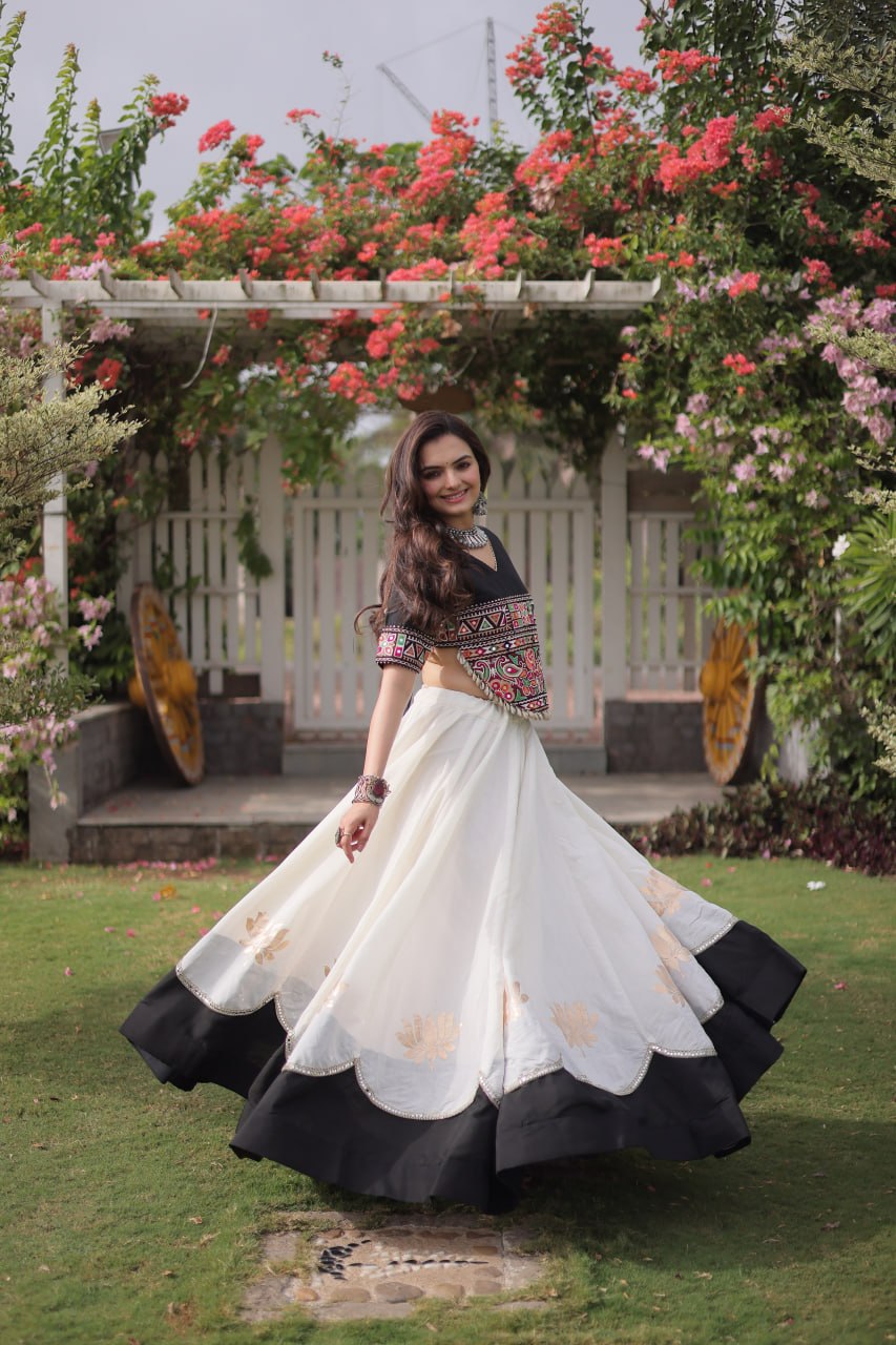 Raas Kamal Designer Roman Fabric Navratri Lehenga Choli with Lotus Gota, Mirror Lace & Kutchi Gamthi Embroidery