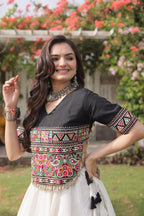 Raas Kamal Designer Roman Fabric Navratri Lehenga Choli with Lotus Gota, Mirror Lace & Kutchi Gamthi Embroidery