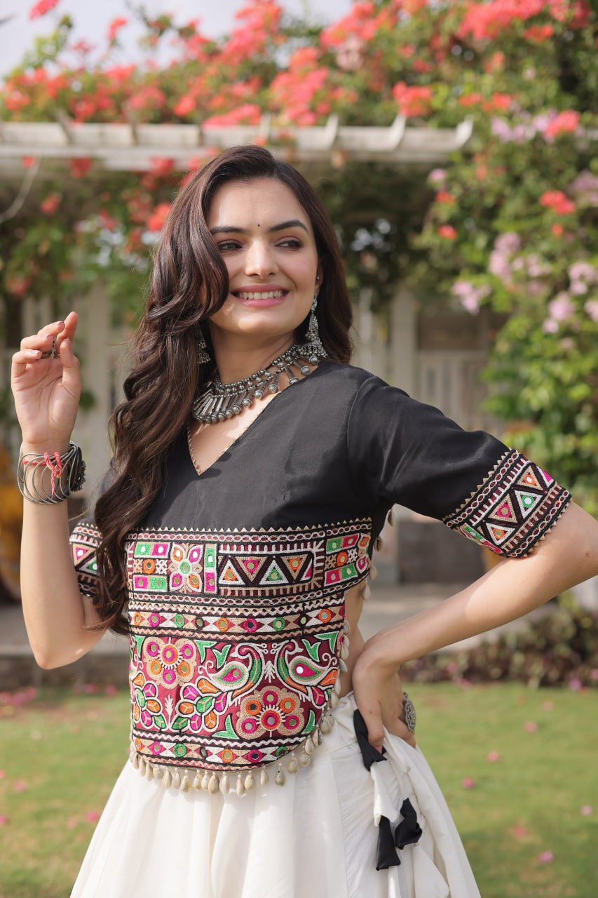 Raas Kamal Designer Roman Fabric Navratri Lehenga Choli with Lotus Gota, Mirror Lace & Kutchi Gamthi Embroidery