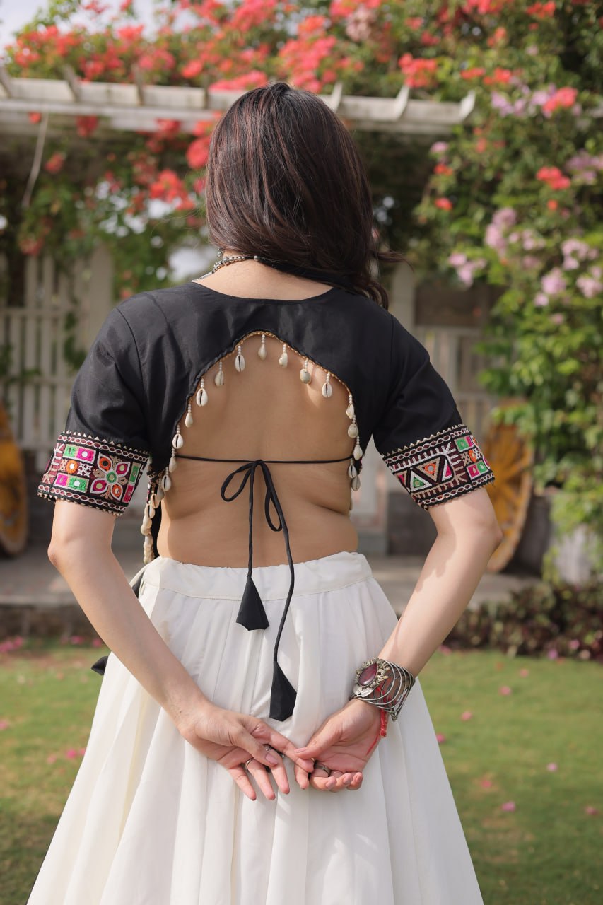 Raas Kamal Designer Roman Fabric Navratri Lehenga Choli with Lotus Gota, Mirror Lace & Kutchi Gamthi Embroidery
