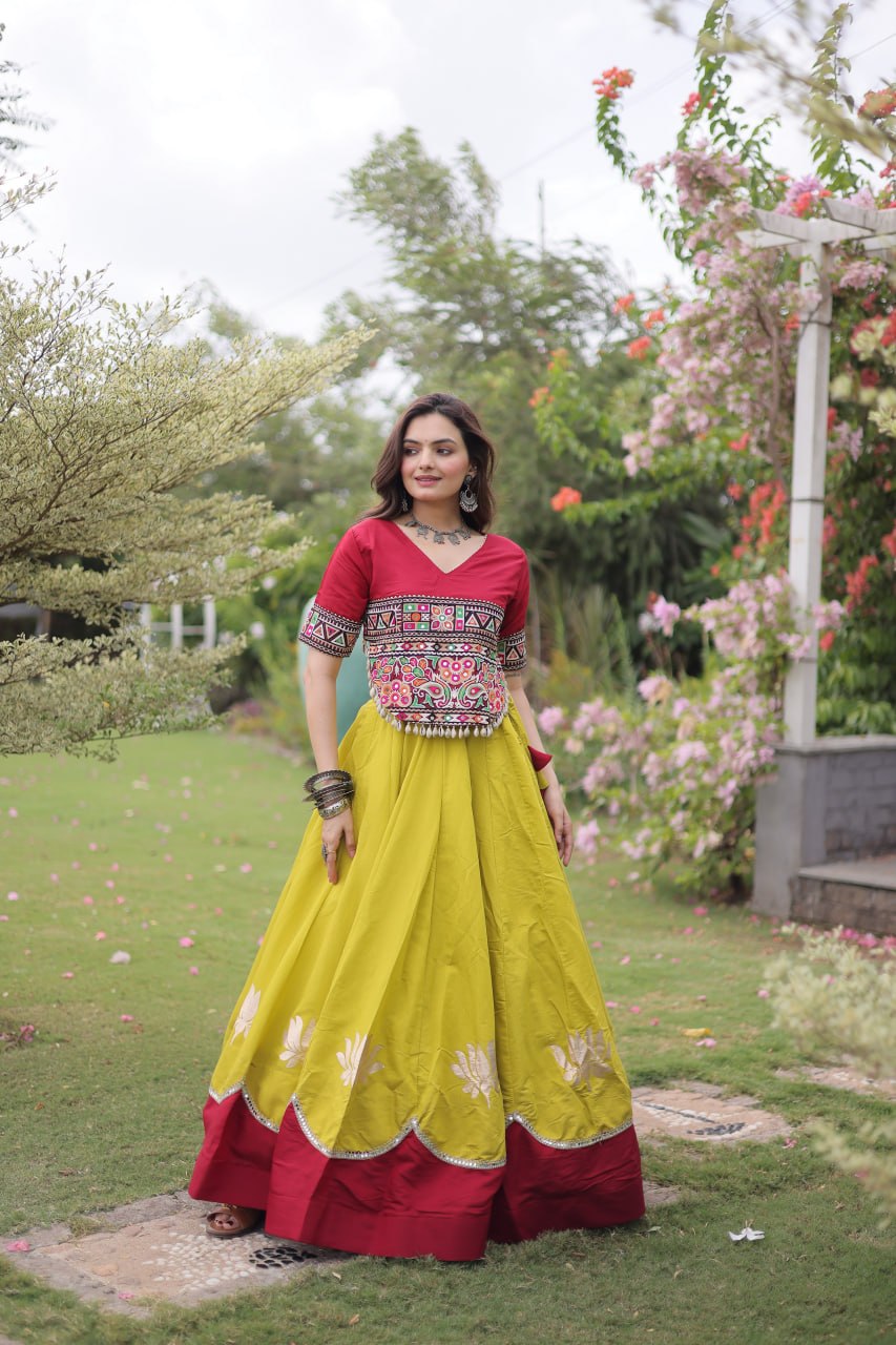 Raas Kamal Designer Roman Fabric Navratri Lehenga Choli with Lotus Gota, Mirror Lace & Kutchi Gamthi Embroidery