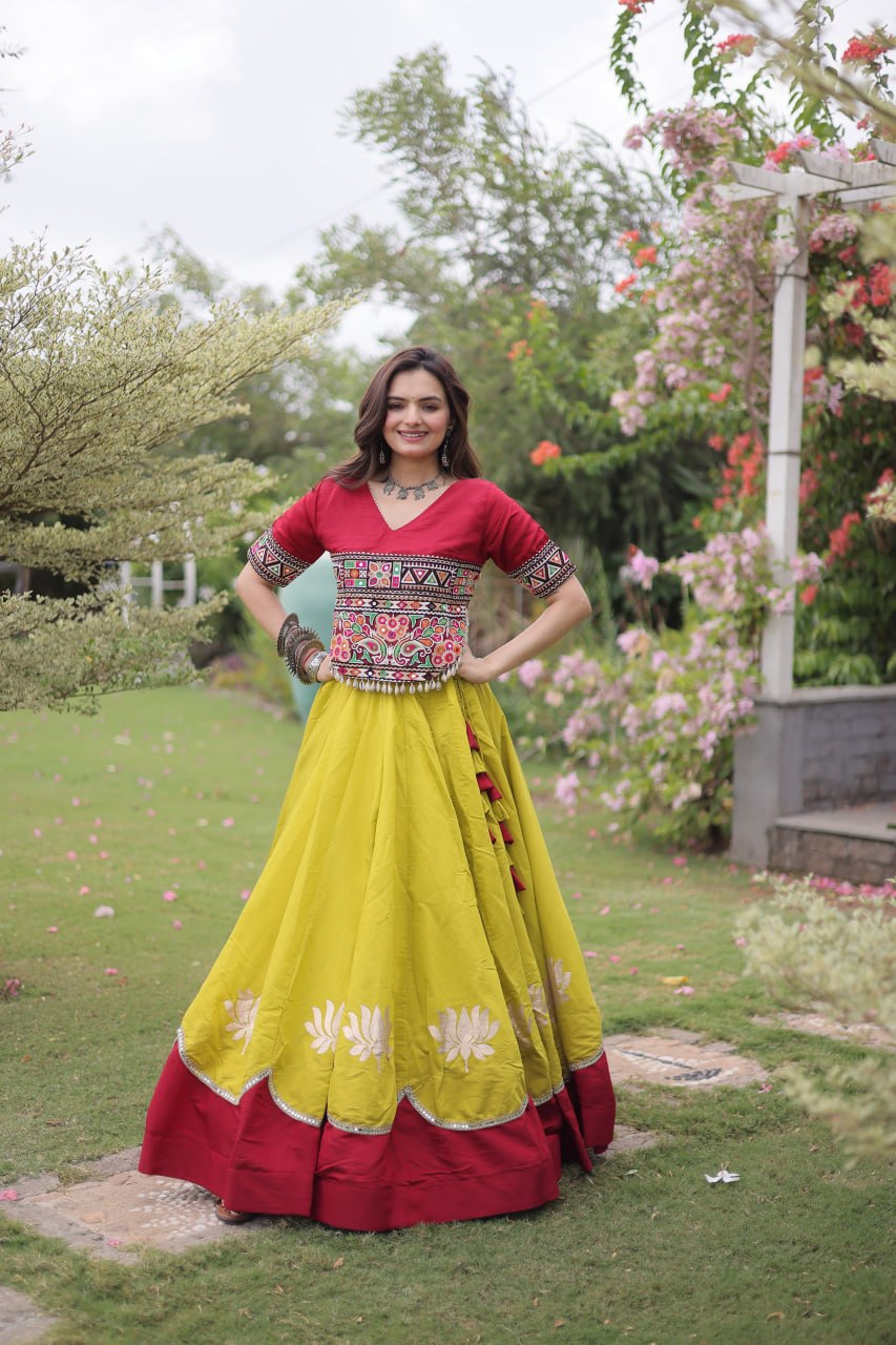 Raas Kamal Designer Roman Fabric Navratri Lehenga Choli with Lotus Gota, Mirror Lace & Kutchi Gamthi Embroidery
