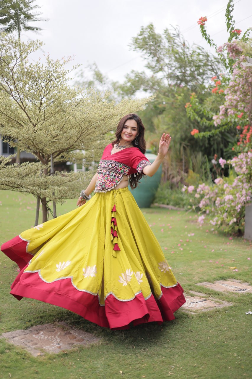 Raas Kamal Designer Roman Fabric Navratri Lehenga Choli with Lotus Gota, Mirror Lace & Kutchi Gamthi Embroidery