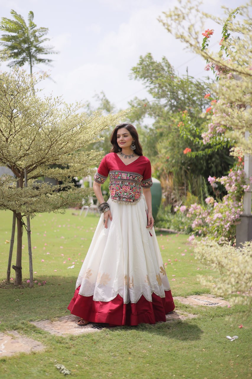 Raas Kamal Designer Roman Fabric Navratri Lehenga Choli with Lotus Gota, Mirror Lace & Kutchi Gamthi Embroidery