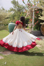 Raas Kamal Designer Roman Fabric Navratri Lehenga Choli with Lotus Gota, Mirror Lace & Kutchi Gamthi Embroidery