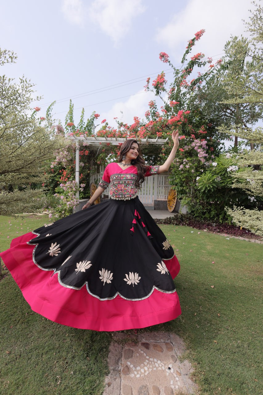 Raas Kamal Designer Roman Fabric Navratri Lehenga Choli with Lotus Gota, Mirror Lace & Kutchi Gamthi Embroidery