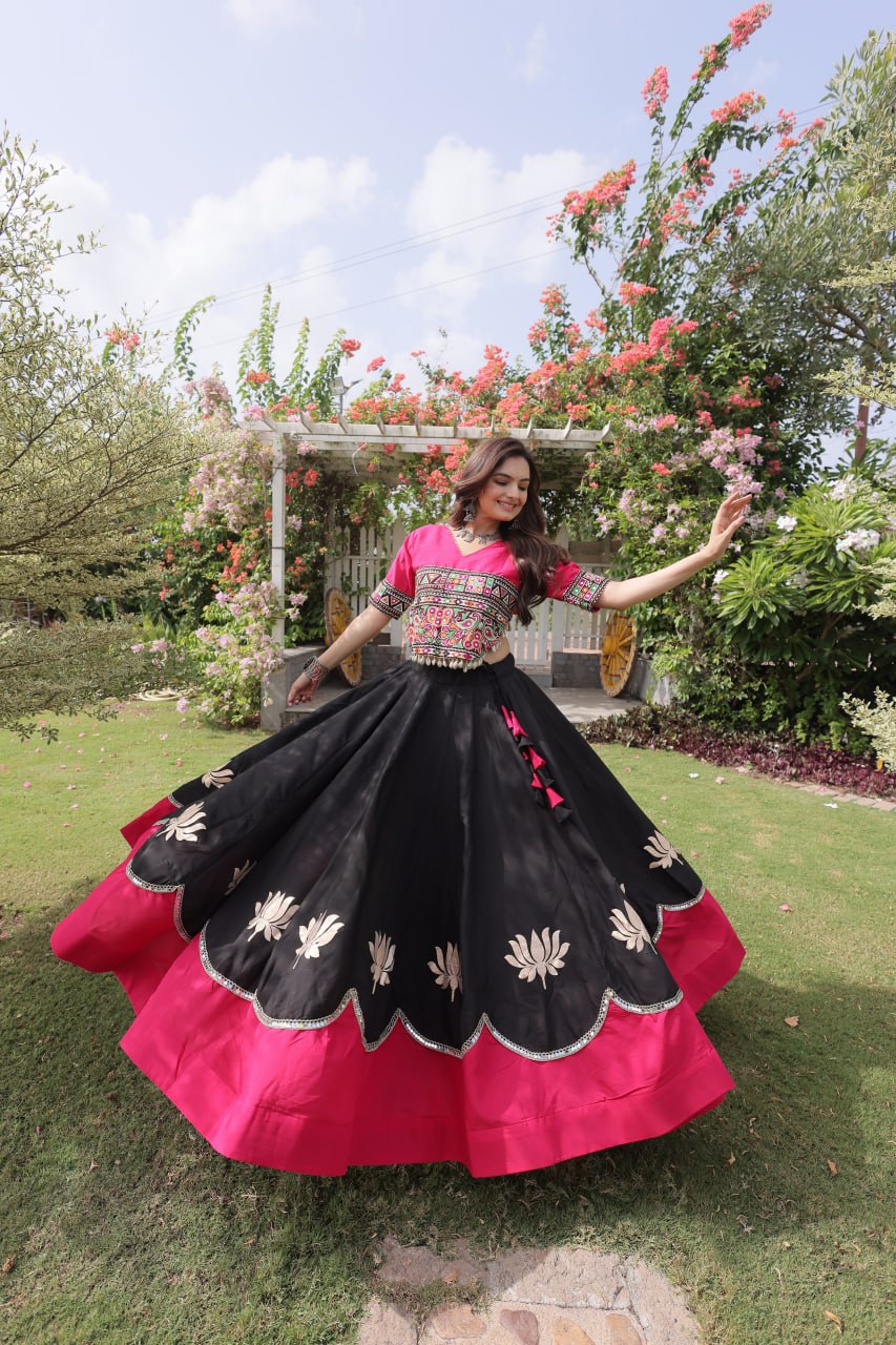 Raas Kamal Designer Roman Fabric Navratri Lehenga Choli with Lotus Gota, Mirror Lace & Kutchi Gamthi Embroidery