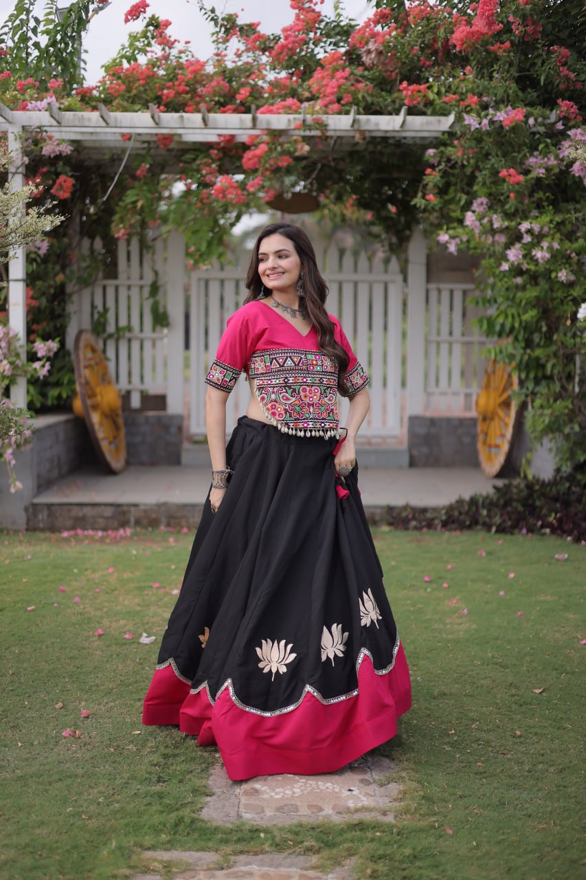 Raas Kamal Designer Roman Fabric Navratri Lehenga Choli with Lotus Gota, Mirror Lace & Kutchi Gamthi Embroidery