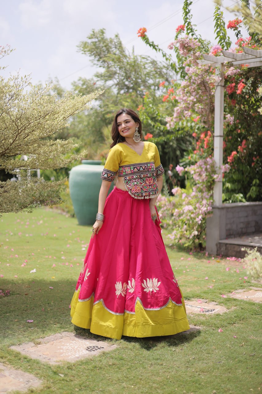 Raas Kamal Designer Roman Fabric Navratri Lehenga Choli with Lotus Gota, Mirror Lace & Kutchi Gamthi Embroidery
