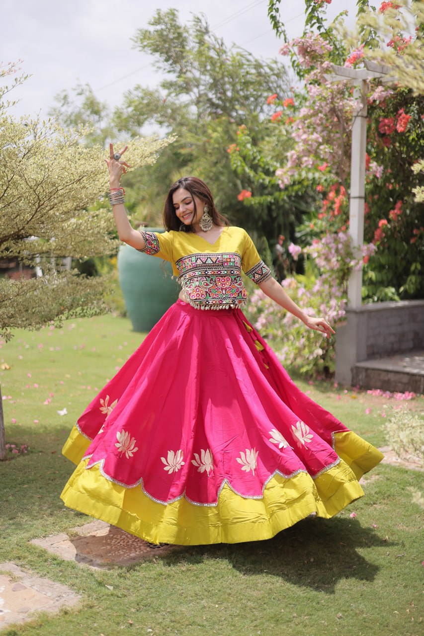 Raas Kamal Designer Roman Fabric Navratri Lehenga Choli with Lotus Gota, Mirror Lace & Kutchi Gamthi Embroidery