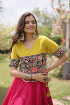 Raas Kamal Designer Roman Fabric Navratri Lehenga Choli with Lotus Gota, Mirror Lace & Kutchi Gamthi Embroidery