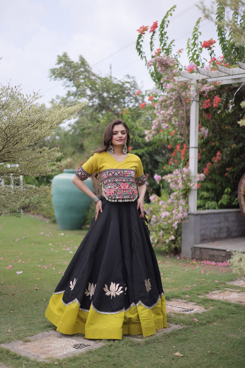 Raas Kamal Designer Roman Fabric Navratri Lehenga Choli with Lotus Gota, Mirror Lace & Kutchi Gamthi Embroidery
