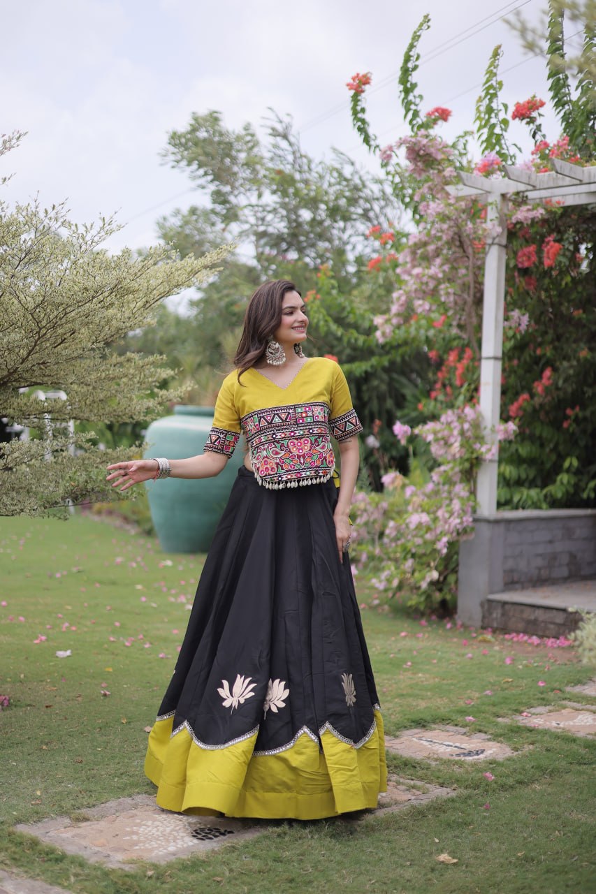 Raas Kamal Designer Roman Fabric Navratri Lehenga Choli with Lotus Gota, Mirror Lace & Kutchi Gamthi Embroidery