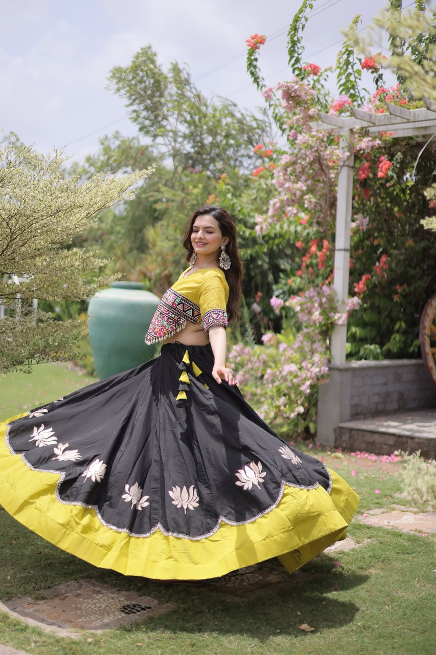 Raas Kamal Designer Roman Fabric Navratri Lehenga Choli with Lotus Gota, Mirror Lace & Kutchi Gamthi Embroidery