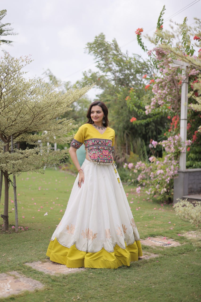 Raas Kamal Designer Roman Fabric Navratri Lehenga Choli with Lotus Gota, Mirror Lace & Kutchi Gamthi Embroidery