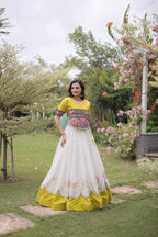 Raas Kamal Designer Roman Fabric Navratri Lehenga Choli with Lotus Gota, Mirror Lace & Kutchi Gamthi Embroidery