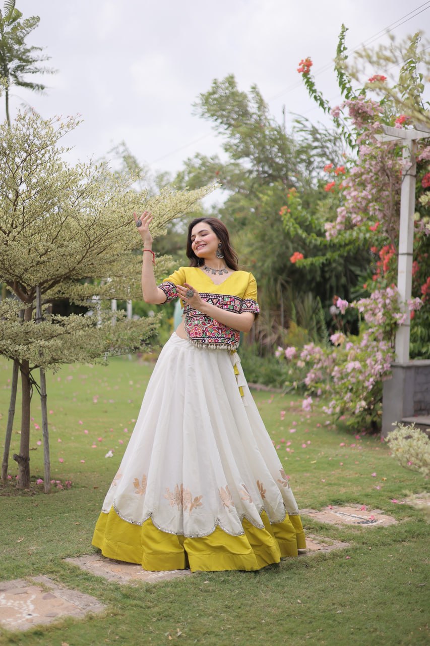 Raas Kamal Designer Roman Fabric Navratri Lehenga Choli with Lotus Gota, Mirror Lace & Kutchi Gamthi Embroidery