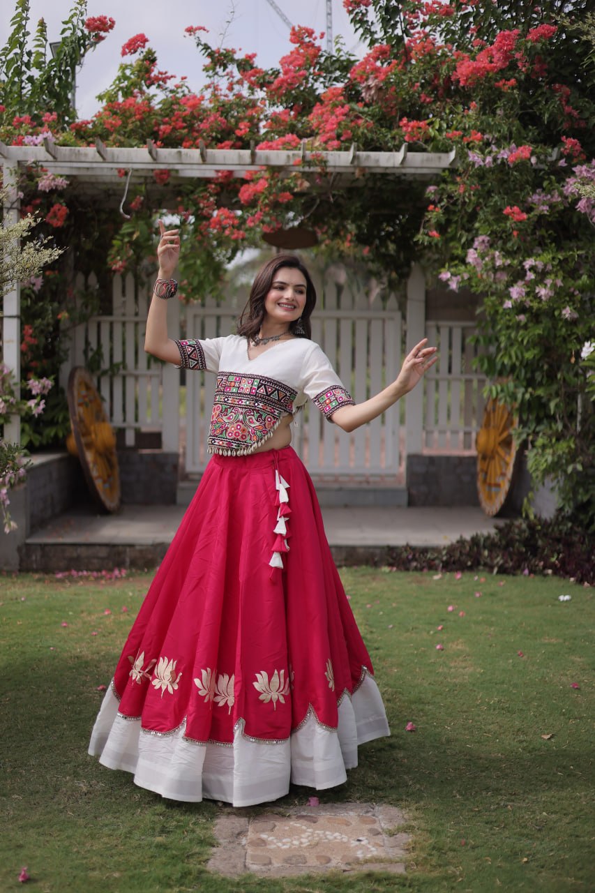Raas Kamal Designer Roman Fabric Navratri Lehenga Choli with Lotus Gota, Mirror Lace & Kutchi Gamthi Embroidery
