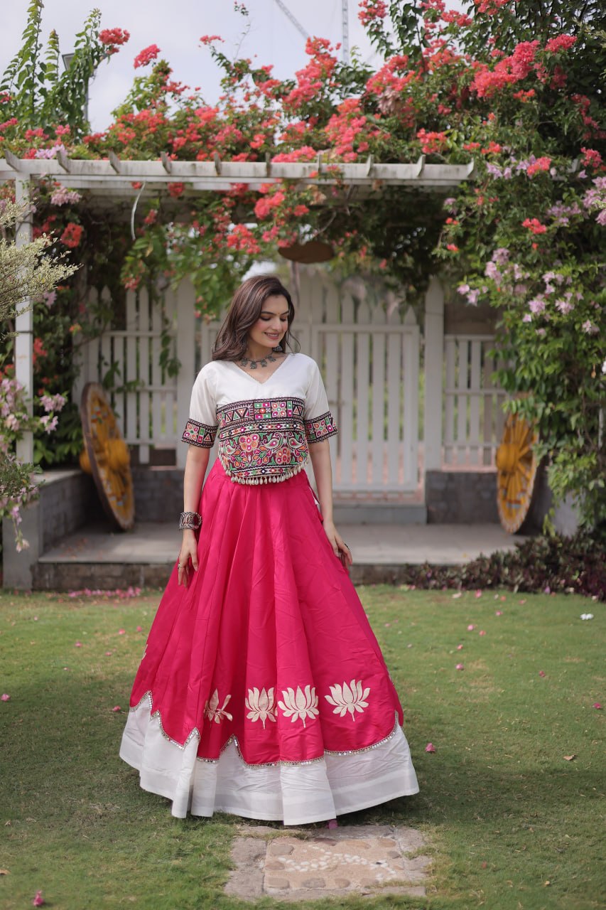 Raas Kamal Designer Roman Fabric Navratri Lehenga Choli with Lotus Gota, Mirror Lace & Kutchi Gamthi Embroidery