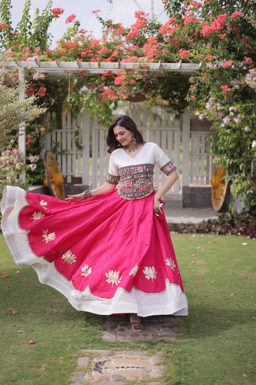 Raas Kamal Designer Roman Fabric Navratri Lehenga Choli with Lotus Gota, Mirror Lace & Kutchi Gamthi Embroidery