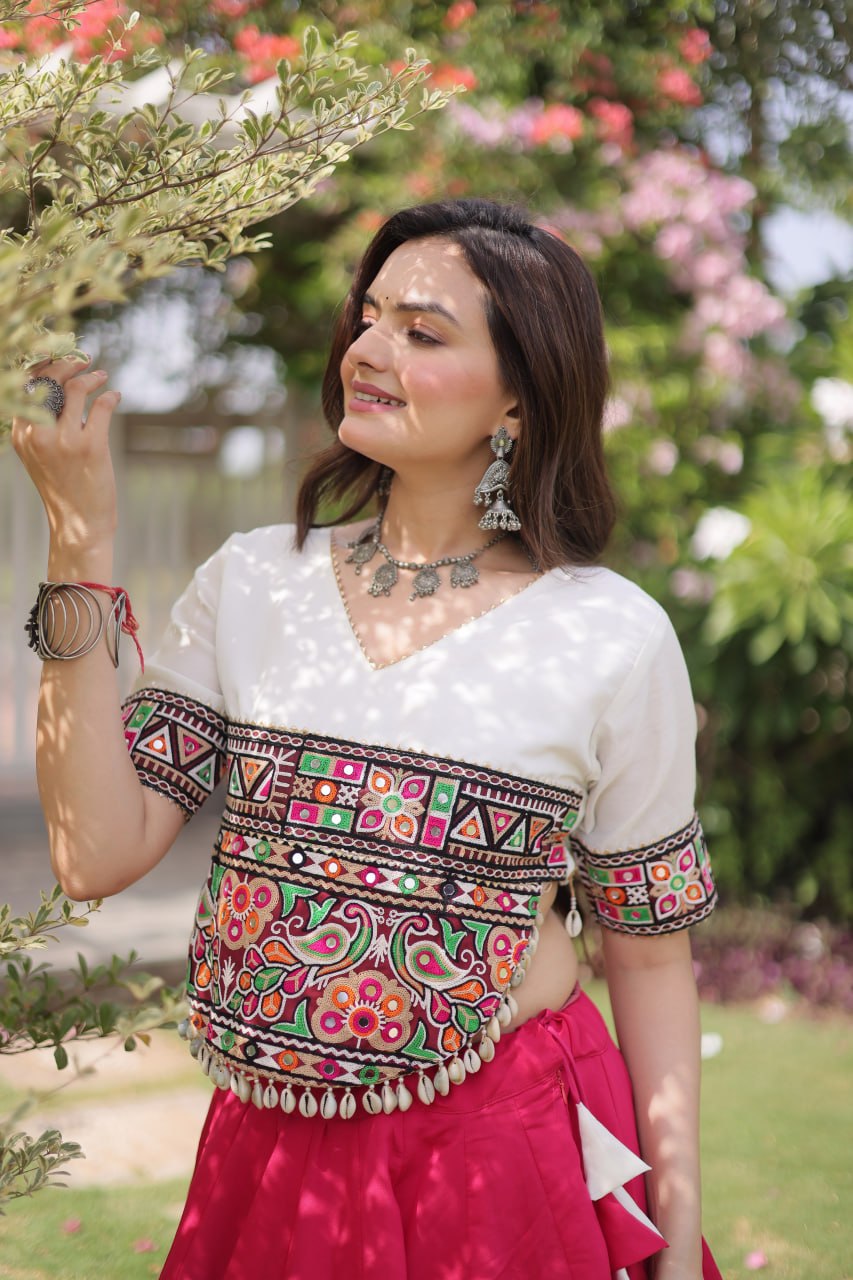 Raas Kamal Designer Roman Fabric Navratri Lehenga Choli with Lotus Gota, Mirror Lace & Kutchi Gamthi Embroidery