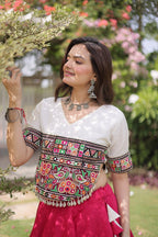 Raas Kamal Designer Roman Fabric Navratri Lehenga Choli with Lotus Gota, Mirror Lace & Kutchi Gamthi Embroidery