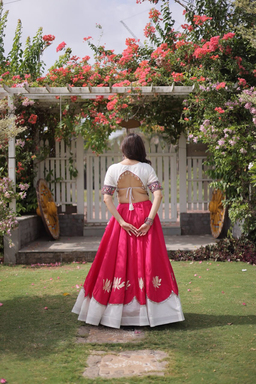 Raas Kamal Designer Roman Fabric Navratri Lehenga Choli with Lotus Gota, Mirror Lace & Kutchi Gamthi Embroidery