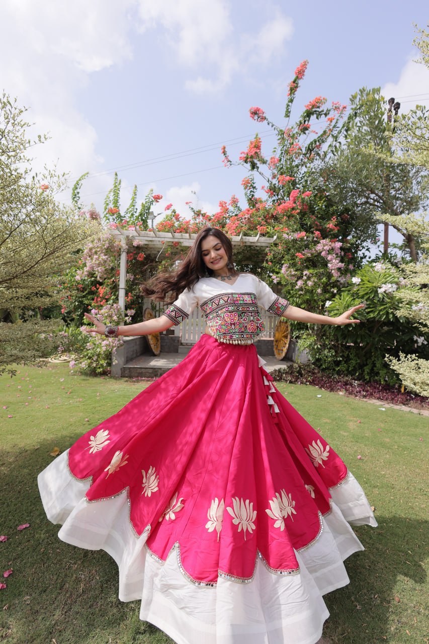 Raas Kamal Designer Roman Fabric Navratri Lehenga Choli with Lotus Gota, Mirror Lace & Kutchi Gamthi Embroidery