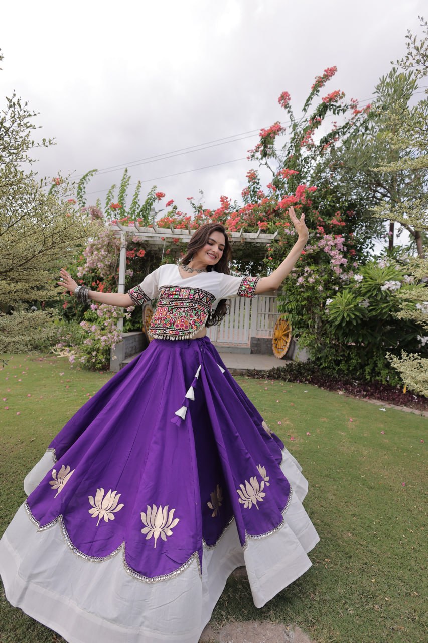 Raas Kamal Designer Roman Fabric Navratri Lehenga Choli with Lotus Gota, Mirror Lace & Kutchi Gamthi Embroidery
