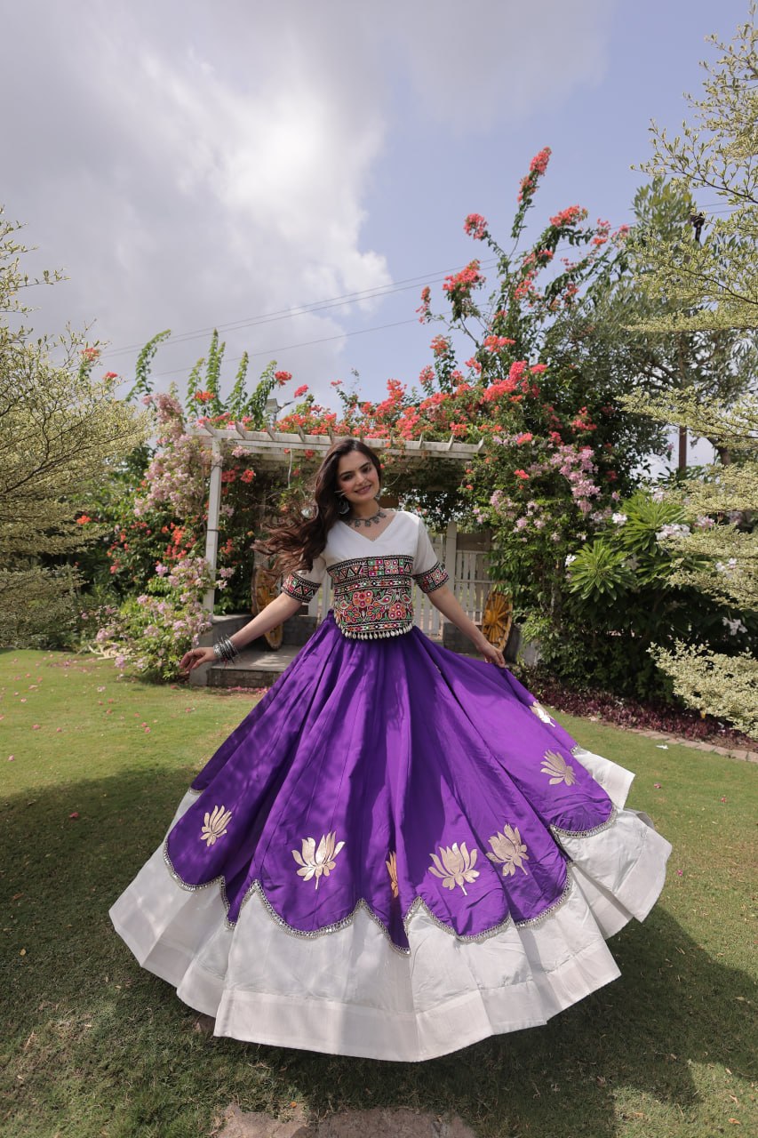 Raas Kamal Designer Roman Fabric Navratri Lehenga Choli with Lotus Gota, Mirror Lace & Kutchi Gamthi Embroidery