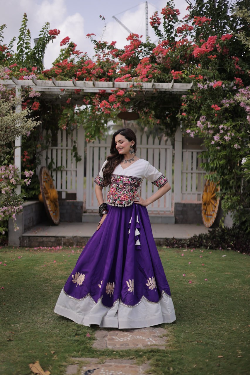 Raas Kamal Designer Roman Fabric Navratri Lehenga Choli with Lotus Gota, Mirror Lace & Kutchi Gamthi Embroidery