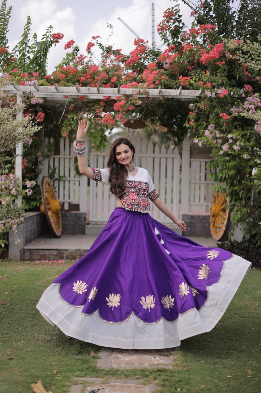Raas Kamal Designer Roman Fabric Navratri Lehenga Choli with Lotus Gota, Mirror Lace & Kutchi Gamthi Embroidery