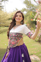 Raas Kamal Designer Roman Fabric Navratri Lehenga Choli with Lotus Gota, Mirror Lace & Kutchi Gamthi Embroidery