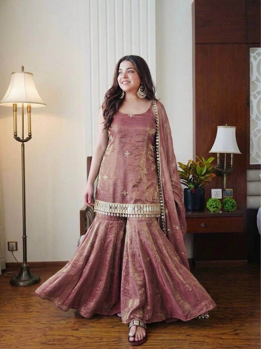 Party Wear Fendy Silk Sharara with Real Mirror Embellishment