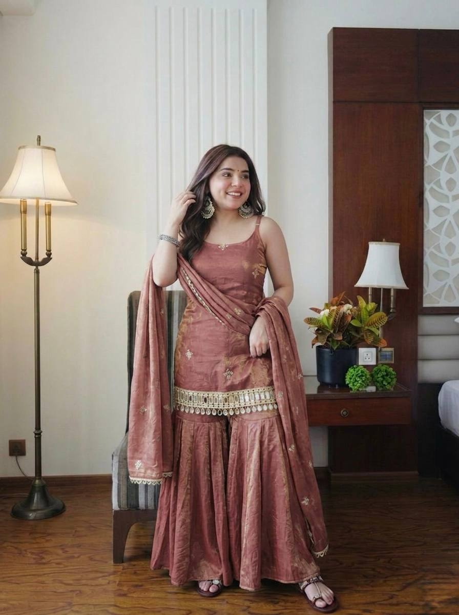 Party Wear Fendy Silk Sharara with Real Mirror Embellishment