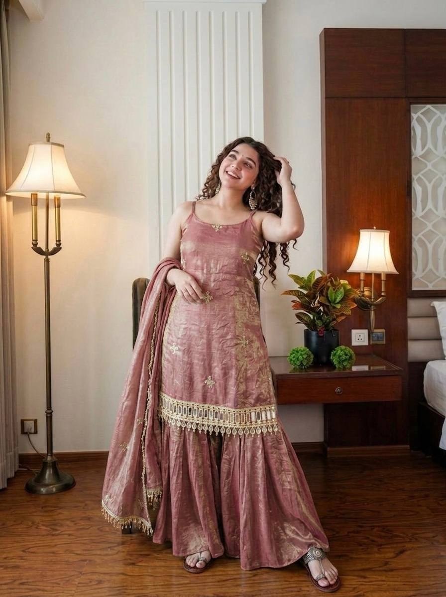 Party Wear Fendy Silk Sharara with Real Mirror Embellishment
