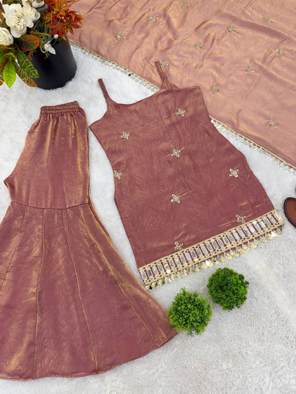 Party Wear Fendy Silk Sharara with Real Mirror Embellishment