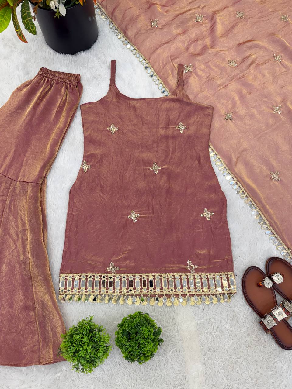 Party Wear Fendy Silk Sharara with Real Mirror Embellishment