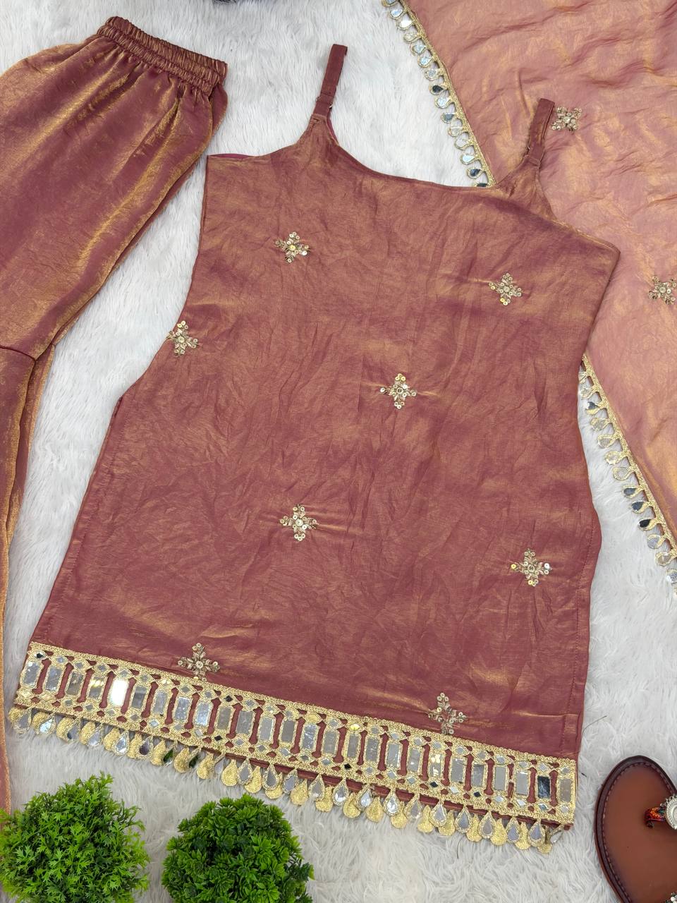 Party Wear Fendy Silk Sharara with Real Mirror Embellishment
