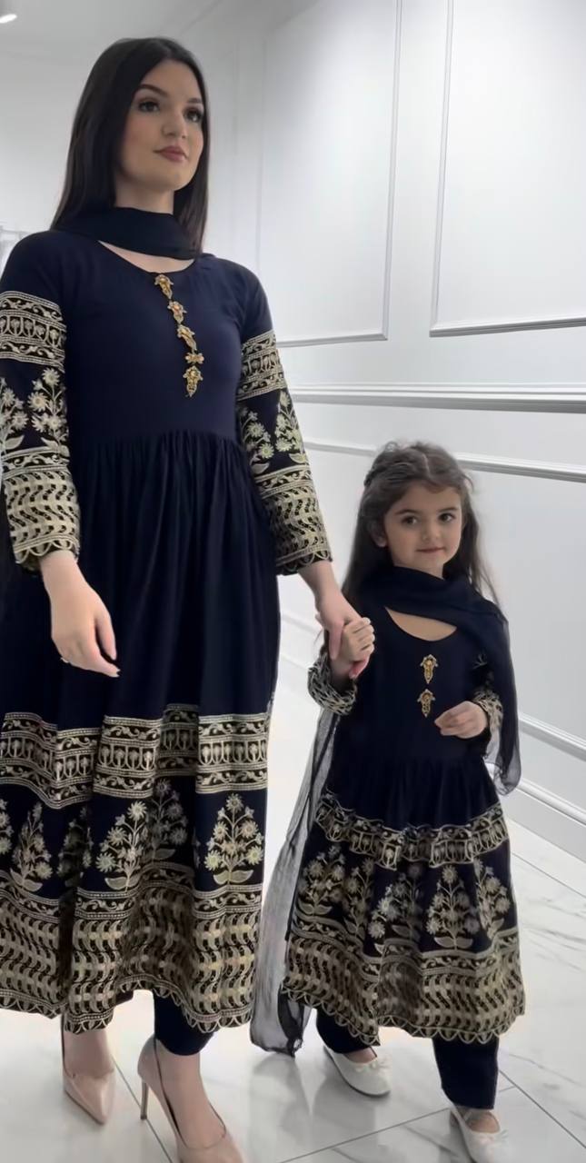 Elara Mom & Daughter Heavy Faux Georgette Embroidered Gown Set with Pant & Dupatta