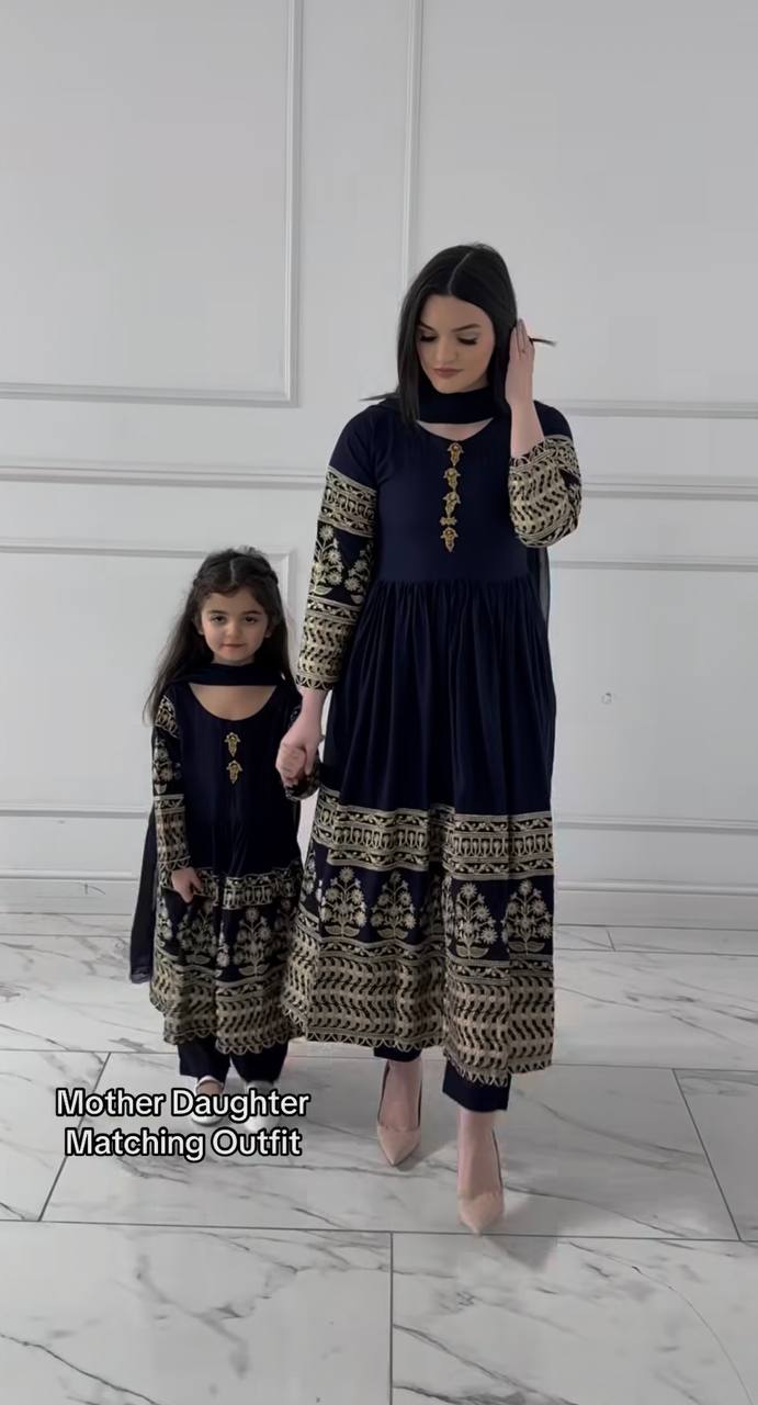 Elara Mom & Daughter Heavy Faux Georgette Embroidered Gown Set with Pant & Dupatta