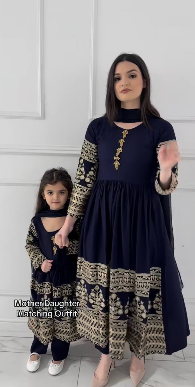 Elara Mom & Daughter Heavy Faux Georgette Embroidered Gown Set with Pant & Dupatta