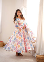Vritika Printed Organza Embroidered Yoke Anarkali with Pant & Dupatta Set