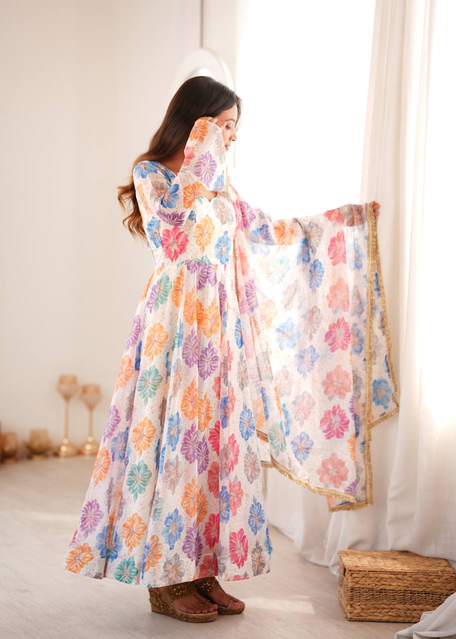 Vritika Printed Organza Embroidered Yoke Anarkali with Pant & Dupatta Set