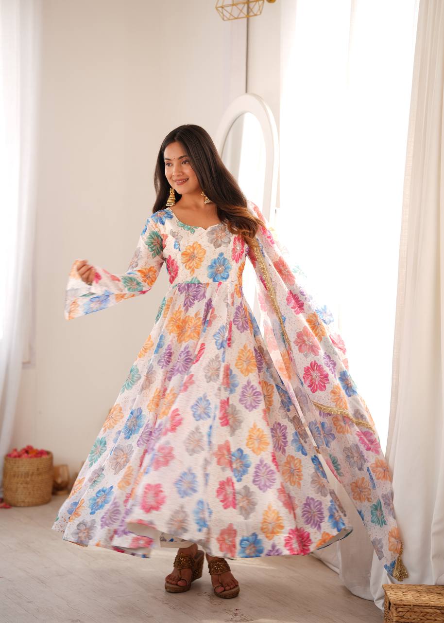 Vritika Printed Organza Embroidered Yoke Anarkali with Pant & Dupatta Set