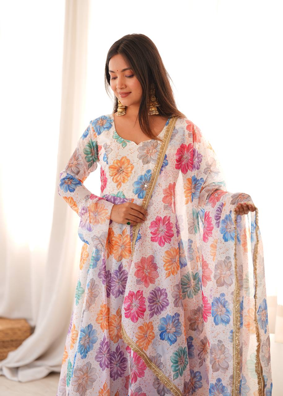 Vritika Printed Organza Embroidered Yoke Anarkali with Pant & Dupatta Set