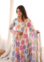 Vritika Printed Organza Embroidered Yoke Anarkali with Pant & Dupatta Set