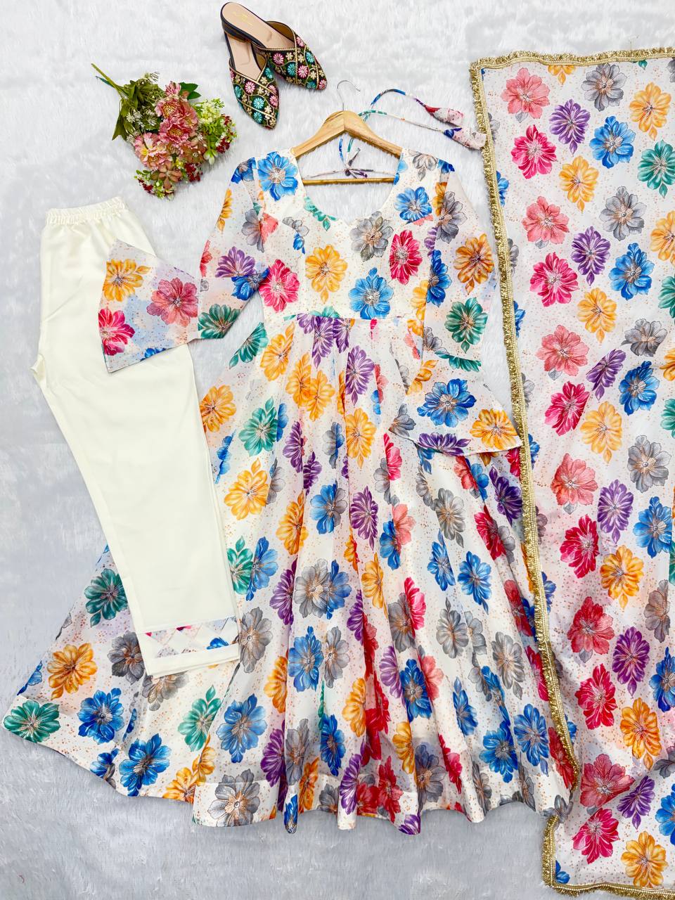 Vritika Printed Organza Embroidered Yoke Anarkali with Pant & Dupatta Set