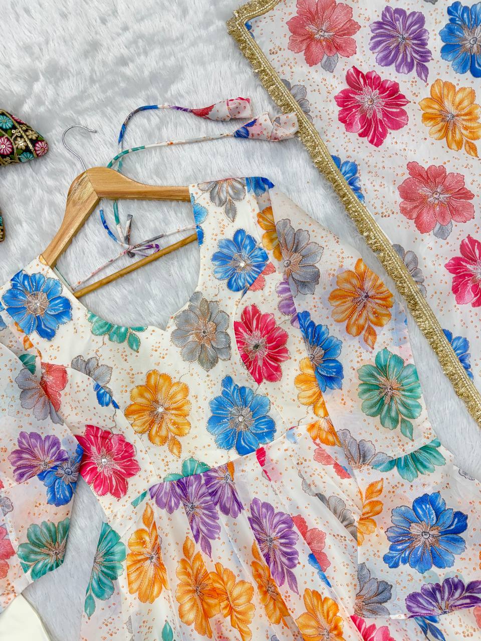 Vritika Printed Organza Embroidered Yoke Anarkali with Pant & Dupatta Set