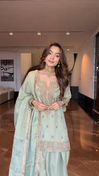 Zareen Germane Chinon Farshi Salwar Suit with Cording Sequin Embroidery and Golden Lace Dupatta